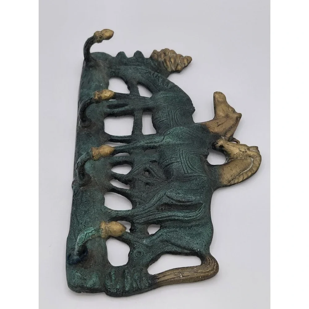 Antique Brass Brushed Gold & Blue Patina Horse Wall Mounted 4 Hook Rack
